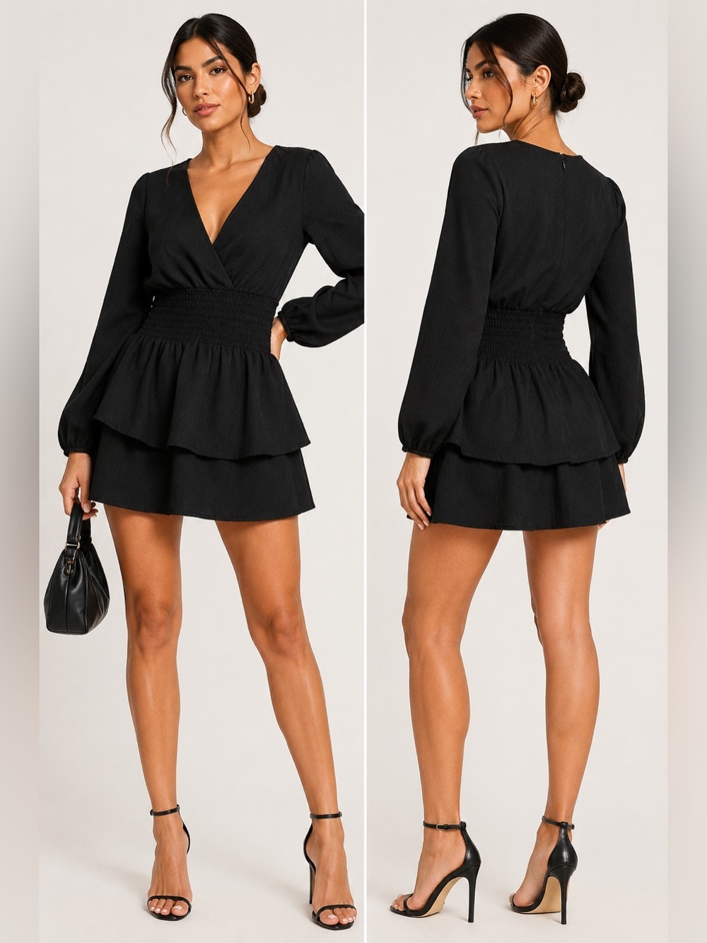 Donna Mizani Black Smocked Waist Peplum Mini Dress NWT XS $208